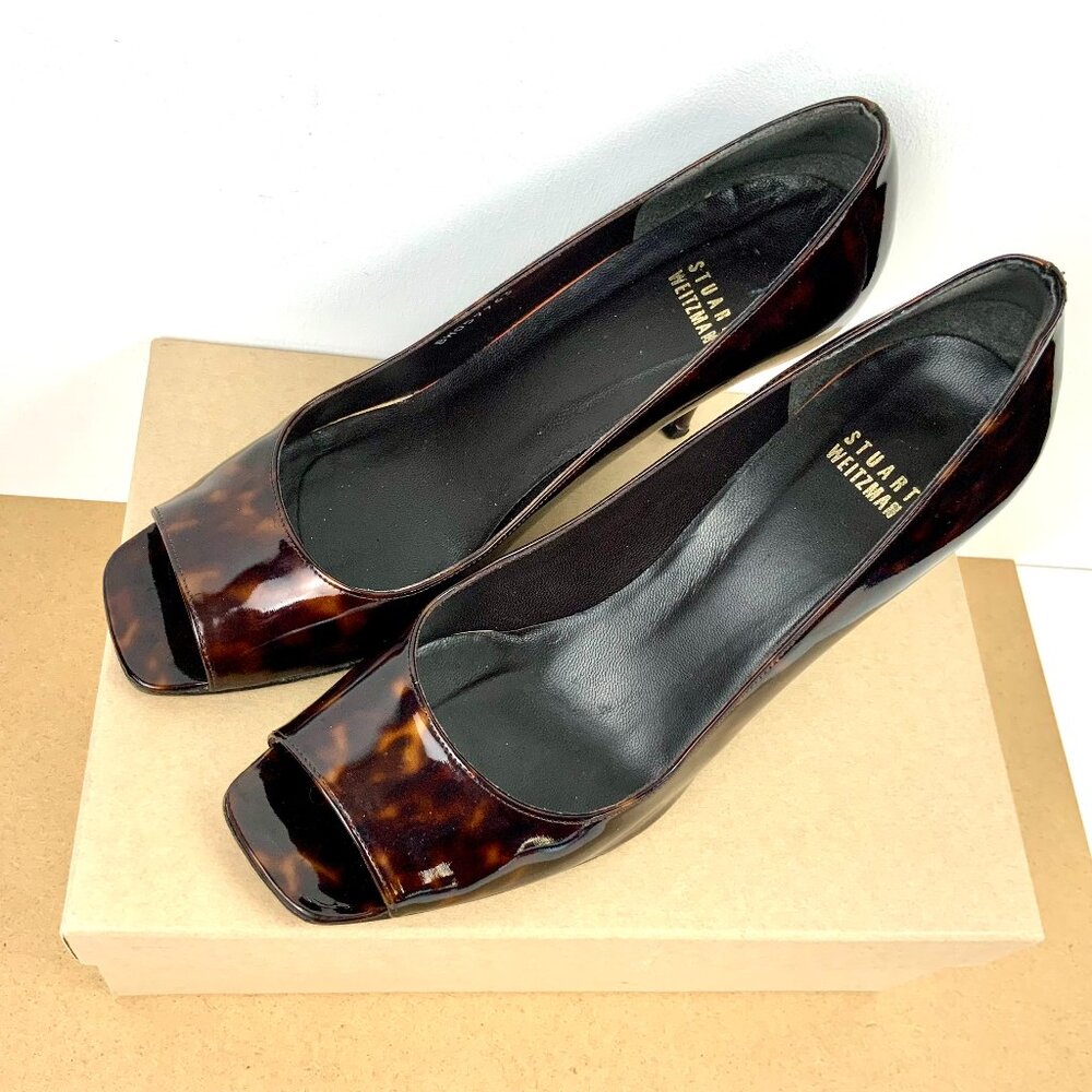 Stuart Weitzman Brown Patent Leather Tortoise Shell Peep Toe Pumps Size 9.5M - Picture 3 of 16